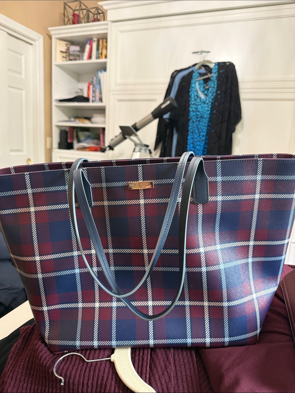 Kate Spade blue & wine plaid tote .  NWOT card still in bag. 16x 23”